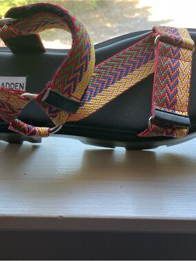 Steve Madden Rainbow Braided Strap Sandals with Silver Ring